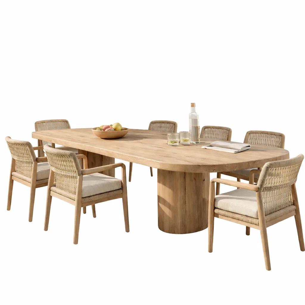 47340DAE-3836-40D4-9D53-639F1FAE03E0 Highland Dining Set - Luxury outdoor dining set Egypt by Royal Garden, L200-230cm table with 8 chairs Beech Pitch Pine Rope Teak waterproof