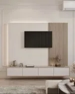 Funda TV Unit - Luxury TV unit with wall cladding Egypt by Royal Garden, W 220cm x D 45cm x H 240cm HPL Beech Wood