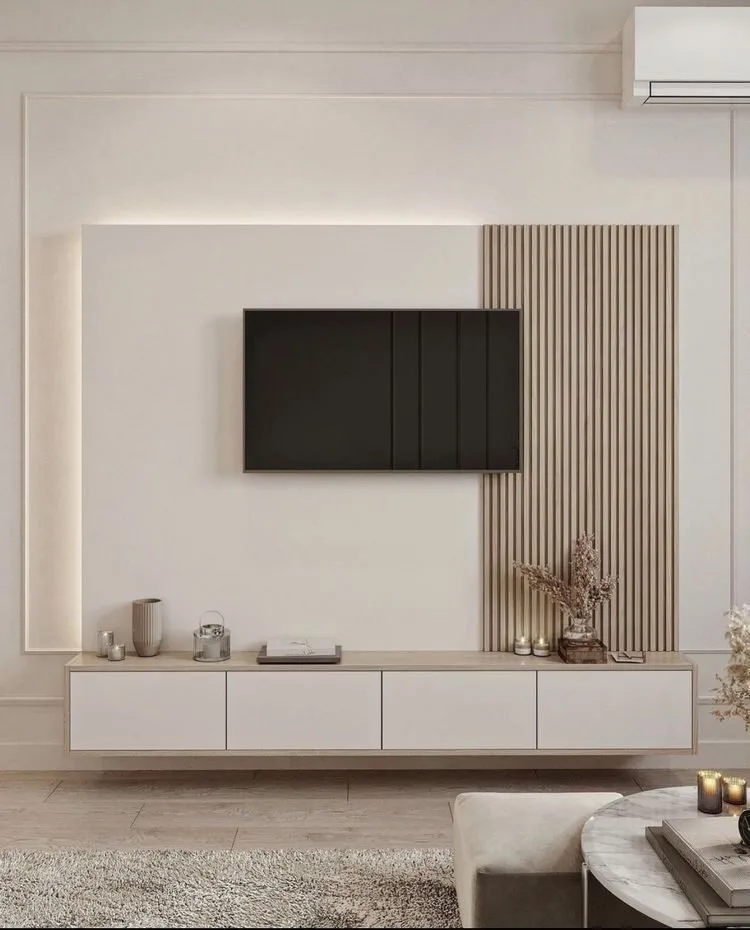 Funda TV Unit - Luxury TV unit with wall cladding Egypt by Royal Garden, W 220cm x D 45cm x H 240cm HPL Beech Wood