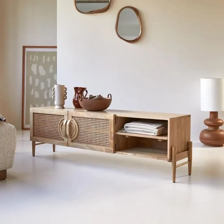 Kapı TV Unit - Luxury natural beech wood cane TV unit Egypt by Royal Garden, W 180cm x D 35cm x H 45cm slimmest depth Beech Cane Oak